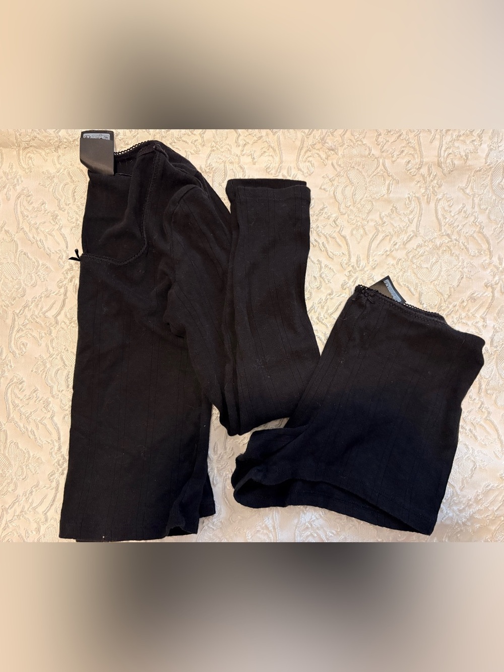 H&M Black Ribbed Long Sleeve Top and Shorts PJs Set, Size XS